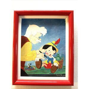 Vtg 1991 Acrylic Canvas Red Acrylic Disney Pinocchio Geppetto Jimminy S. Danseau